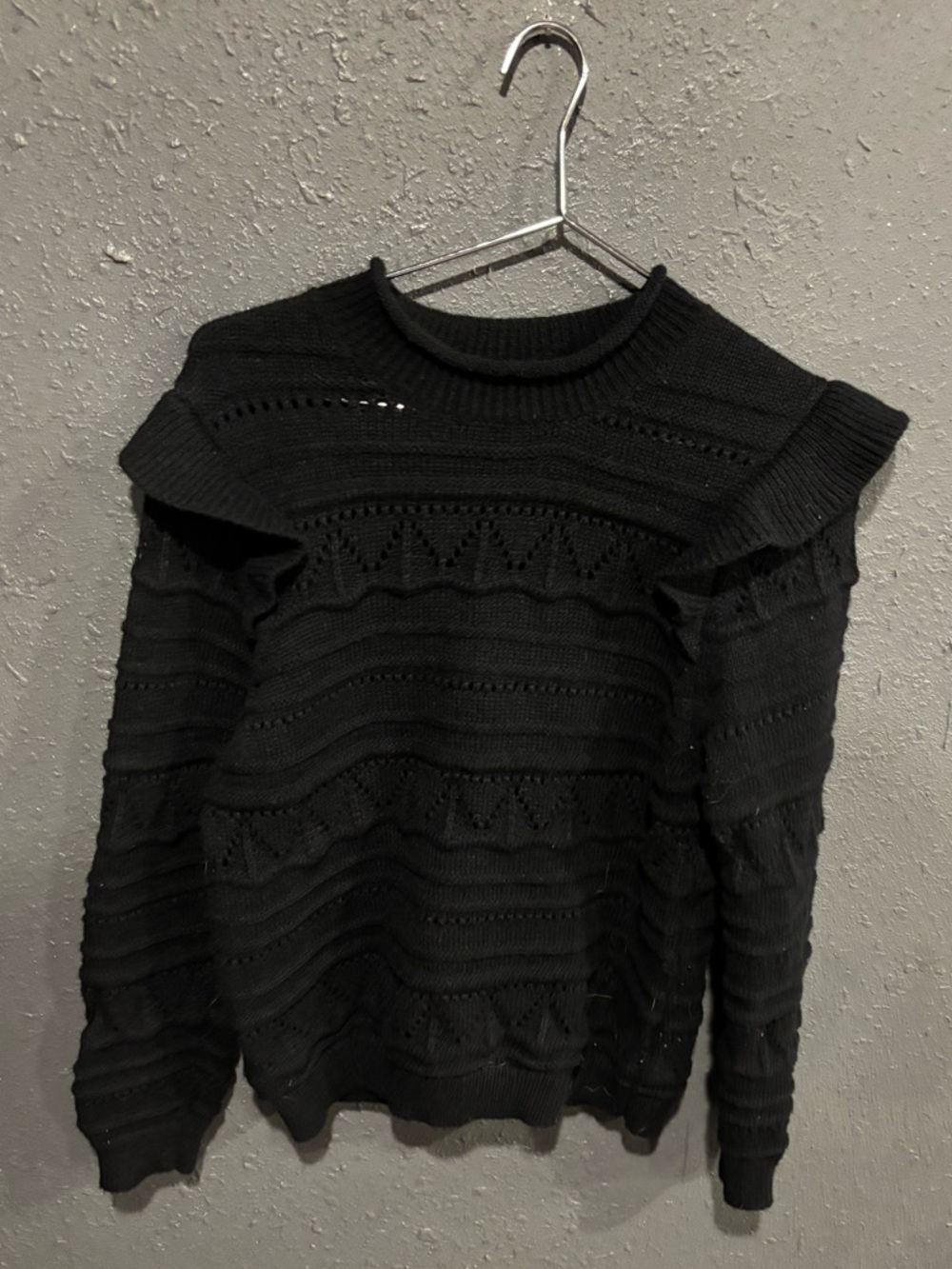 SHEIN Black Women's Knit Ruffle-Shoulder Sweater